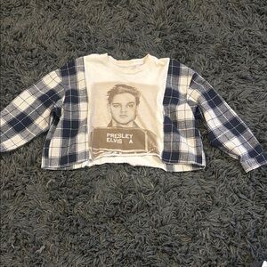Kids Plaid Sleeve Graphic Tee - Navy & White